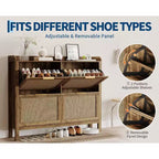 Meuble à chaussures bohème en rotin avec 4 tiroirs basculants, meuble de rangement à chaussures fin autoportant avec étagères réglables pour entrée ou couloir, marron