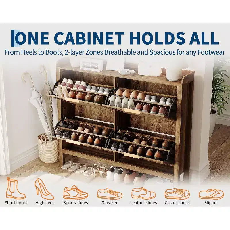 Meuble à chaussures bohème en rotin avec 4 tiroirs basculants, meuble de rangement à chaussures fin autoportant avec étagères réglables pour entrée ou couloir, marron