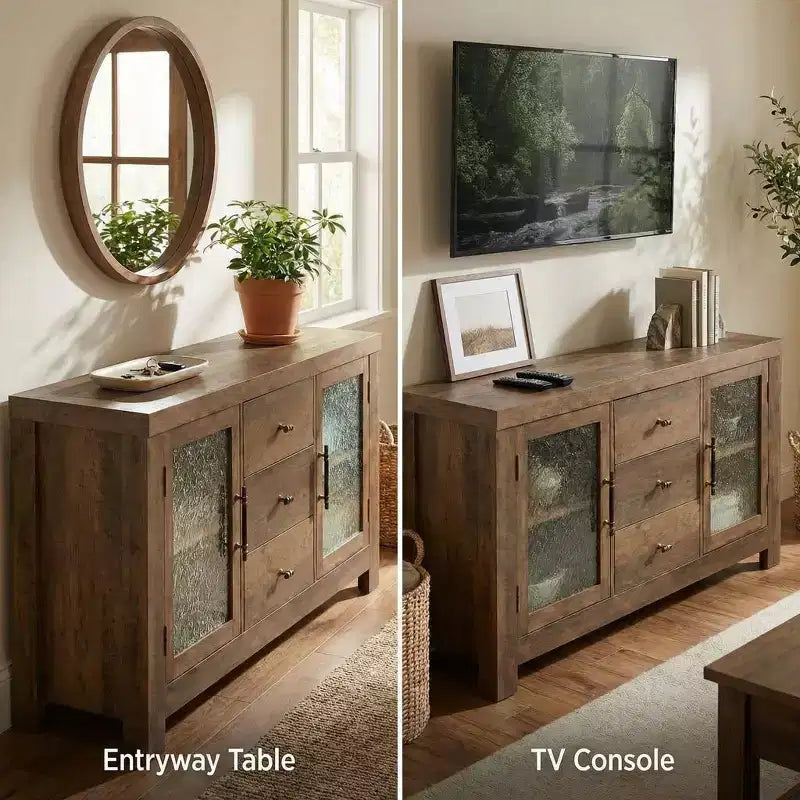 54.4 Buffet Bahut, Meuble de Rangement d'Appoint avec 2 Portes Vitrées et 3 Tiroirs, Table de Bar à Café, Meuble TV pour Salon, Cuisine, Salle à Manger