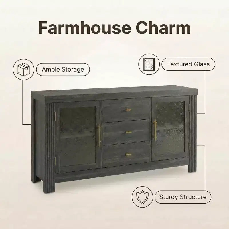 54.4 Buffet Bahut, Meuble de Rangement d'Appoint avec 2 Portes Vitrées et 3 Tiroirs, Table de Bar à Café, Meuble TV pour Salon, Cuisine, Salle à Manger