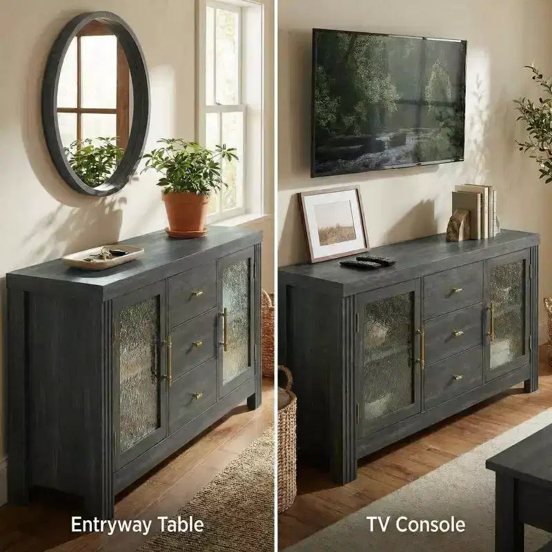 54.4 Buffet Bahut, Meuble de Rangement d'Appoint avec 2 Portes Vitrées et 3 Tiroirs, Table de Bar à Café, Meuble TV pour Salon, Cuisine, Salle à Manger