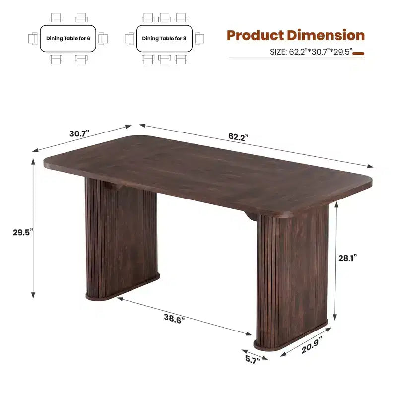 Table à manger 6-8 personnes de 157 cm | Table de cuisine rectangulaire en bois avec double piédestal, table à dîner robuste pour salle à manger, cuisine et salon