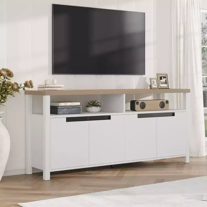 Meuble TV de ferme de 63 pouces pour téléviseurs jusqu'à 65 pouces, long meuble de divertissement avec 4 portes et étagère ouverte, pour salon, chambre à coucher