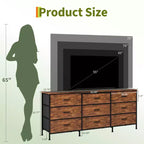 Meuble TV large de 160 cm avec 9 tiroirs en tissu, console média et organiseur de rangement avec cadre en métal et plateau en bois, 68 cm de profondeur pour salon et chambre