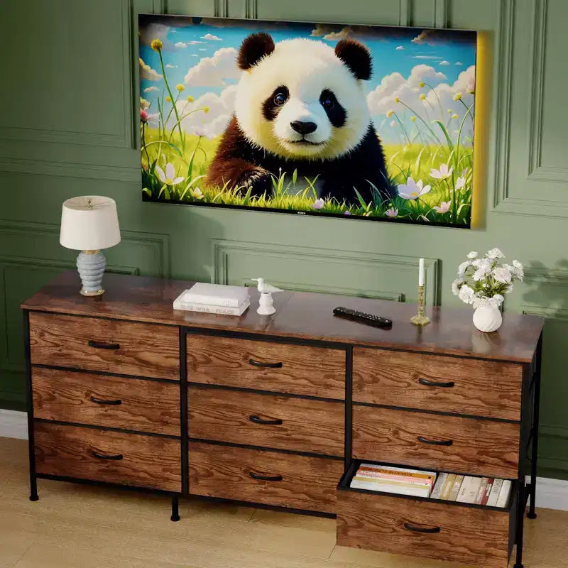 Meuble TV large de 160 cm avec 9 tiroirs en tissu, console média et organiseur de rangement avec cadre en métal et plateau en bois, 68 cm de profondeur pour salon et chambre