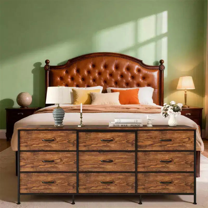 Meuble TV large de 160 cm avec 9 tiroirs en tissu, console média et organiseur de rangement avec cadre en métal et plateau en bois, 68 cm de profondeur pour salon et chambre