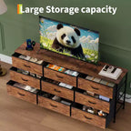 Meuble TV large de 160 cm avec 9 tiroirs en tissu, console média et organiseur de rangement avec cadre en métal et plateau en bois, 68 cm de profondeur pour salon et chambre