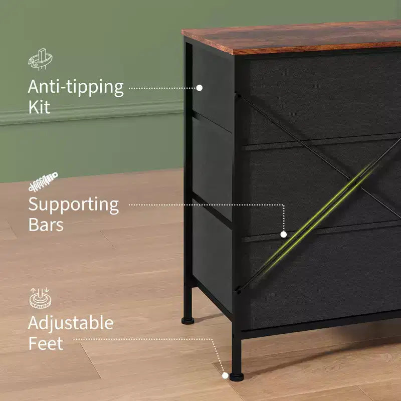 Meuble TV large de 160 cm avec 9 tiroirs en tissu, console média et organiseur de rangement avec cadre en métal et plateau en bois, 68 cm de profondeur pour salon et chambre