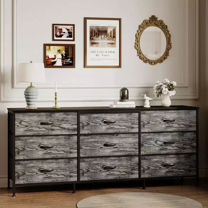 Meuble TV large de 160 cm avec 9 tiroirs en tissu, console média et organiseur de rangement avec cadre en métal et plateau en bois, 68 cm de profondeur pour salon et chambre