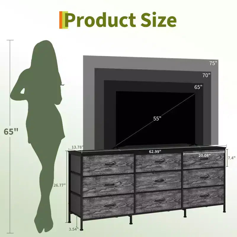 Meuble TV large de 160 cm avec 9 tiroirs en tissu, console média et organiseur de rangement avec cadre en métal et plateau en bois, 68 cm de profondeur pour salon et chambre