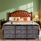 Meuble TV large de 160 cm avec 9 tiroirs en tissu, console média et organiseur de rangement avec cadre en métal et plateau en bois, 68 cm de profondeur pour salon et chambre