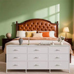 Meuble TV large de 160 cm avec 9 tiroirs en tissu, console média et organiseur de rangement avec cadre en métal et plateau en bois, 68 cm de profondeur pour salon et chambre