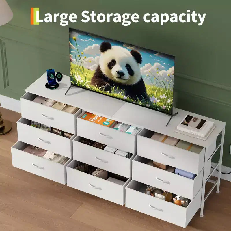 Meuble TV large de 160 cm avec 9 tiroirs en tissu, console média et organiseur de rangement avec cadre en métal et plateau en bois, 68 cm de profondeur pour salon et chambre