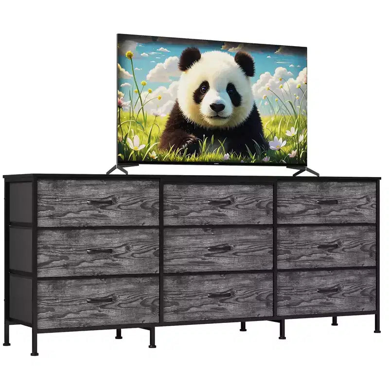 Meuble TV large de 160 cm avec 9 tiroirs en tissu, console média et organiseur de rangement avec cadre en métal et plateau en bois, 68 cm de profondeur pour salon et chambre