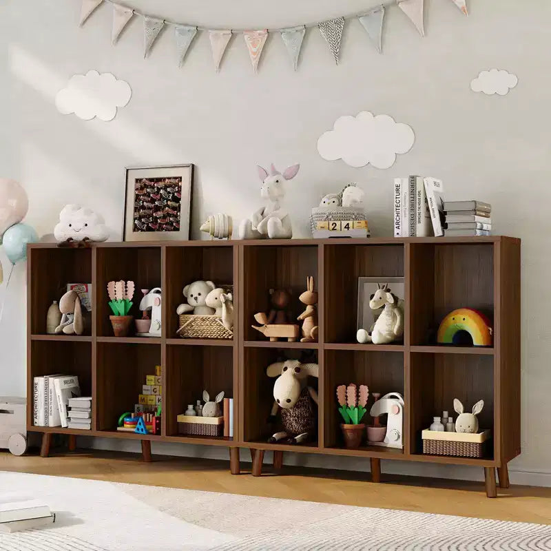 Étagère à 6 casiers – Meuble de rangement bas en bois à 2 niveaux, marron rétro, pour bureau/salon