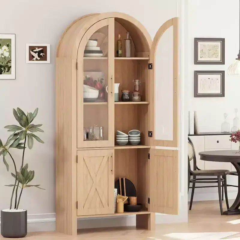 Coolmee 60 Meuble de Rangement de Cuisine, Grand Buffet Vaisselier avec 4 Portes Vitrées, Organisateur Autonome à 4 Niveaux pour Salle de Bain, Entrée