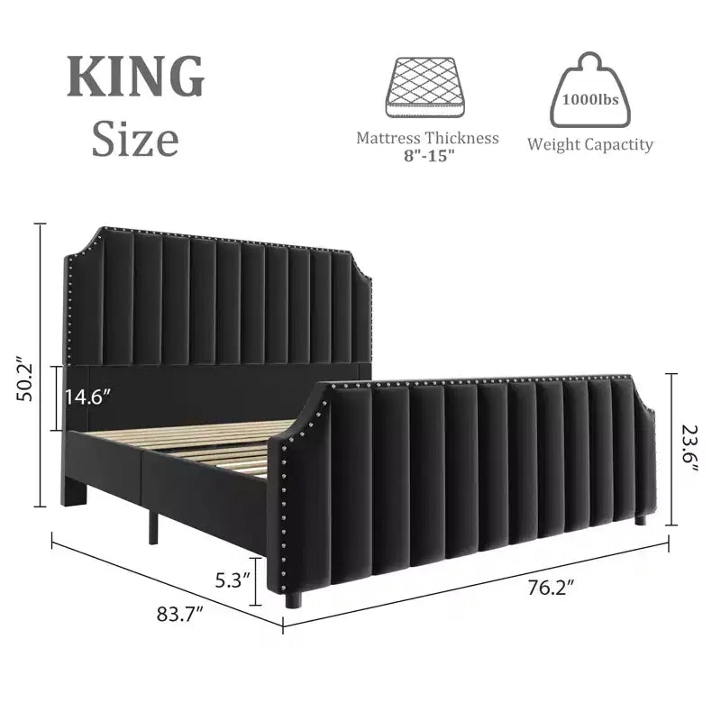 Cadre de lit plateforme rembourré KING Taille KING, Support à lattes en bois, Sommier tapissier non requis, Tête de lit et pied de lit, Noir