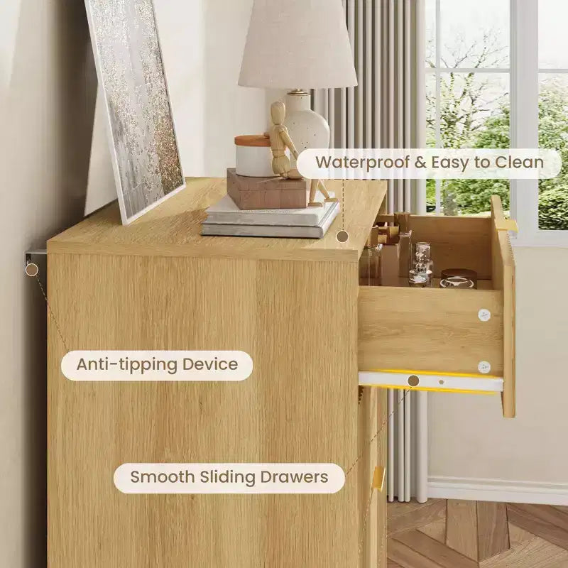 Commode à 5 tiroirs cannelés pour chambre, commode haute moderne avec grain de bois, commode verticale en bois style ferme pour placard, couloir