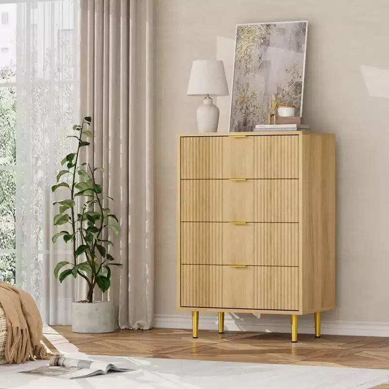 Commode à 5 tiroirs cannelés pour chambre, commode haute moderne avec grain de bois, commode verticale en bois style ferme pour placard, couloir