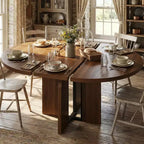 Table à manger ronde extensible 47-63 pour 4-8 personnes, table de cuisine en bois de style rustique avec pieds plus larges et support métallique pour appartements