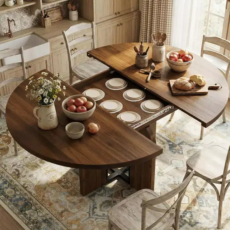 Table à manger ronde extensible 47-63 pour 4-8 personnes, table de cuisine en bois de style rustique avec pieds plus larges et support métallique pour appartements