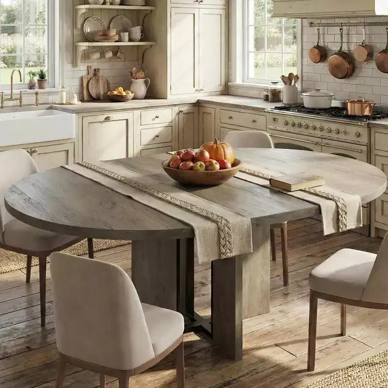 Table à manger ronde extensible 47-63 pour 4-8 personnes, table de cuisine en bois de style rustique avec pieds plus larges et support métallique pour appartements