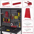 Établi 7-en-1 avec panneau perforé et 14 crochets, table à outils en métal robuste avec étagères réglables, poste de travail mobile pour garage, atelier et bureau à domicile