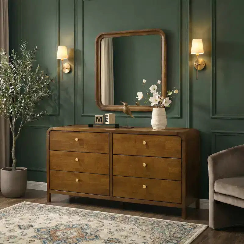 Roundhill Furniture Eldren 6-Drawer Wood Dresser with Mirror, Walnut Finish