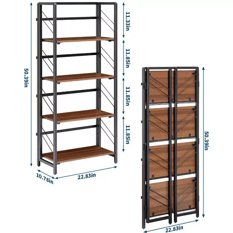 Aucun assemblage requis - Bibliothèque de bureau pliable à 4 niveaux - Étagère de rangement vintage - Cadre métallique robuste, organisateur peu encombrant