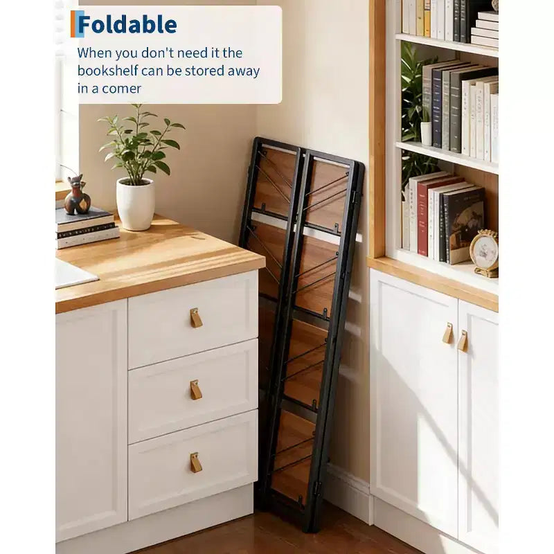Étagère pliable - Bibliothèque de bureau vintage à 4 niveaux - Sans assemblage - Cadre noir robuste et bois marron