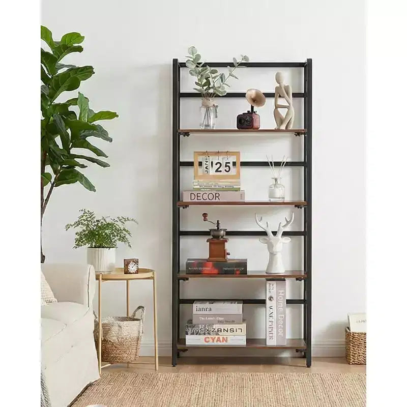 Étagère pliable - Bibliothèque de bureau vintage à 4 niveaux - Sans assemblage - Cadre noir robuste et bois marron