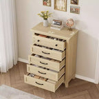 Commode haute Acekool à 5 tiroirs, organisateur de rangement vertical en bois pour chambre, salon, entrée, chêne naturel
