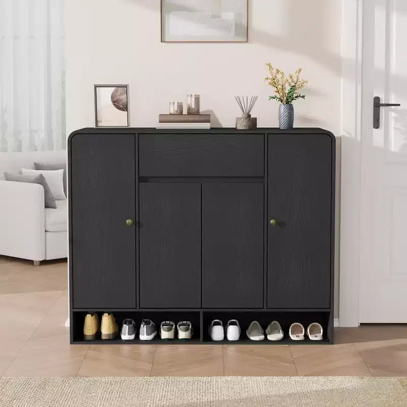 Meuble de rangement à chaussures autoportant de 120 cm avec 4 portes, 1 tiroir et coins arrondis, organiseur étroit grande capacité pour entrée, couloir et salon