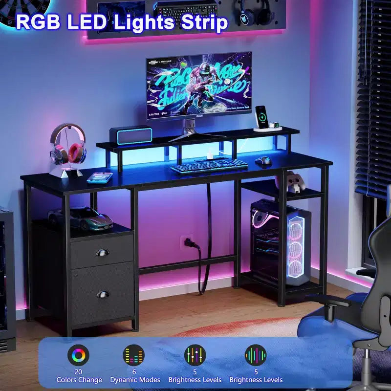 Bureau d'ordinateur de jeu réversible noir de 51 pouces avec support d'écran, classeur, étagères de rangement et prises d'alimentation LED pour table de travail PC de bureau à domicile
