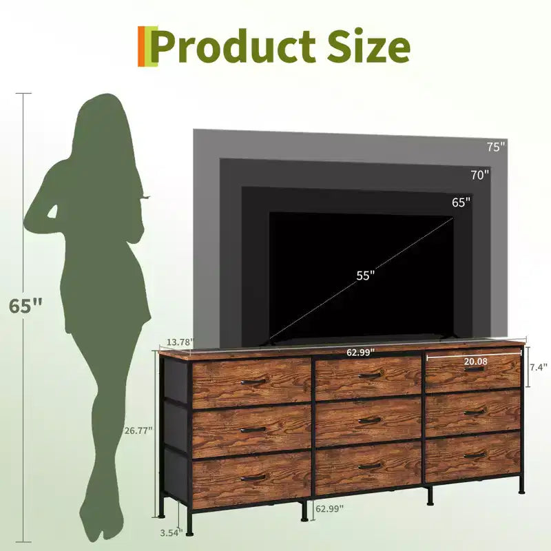 Meuble TV et commode à 9 tiroirs 63, Support TV pour téléviseurs de 55 à 70 pouces, Grand meuble de rangement avec cadre en métal et tiroirs en tissu