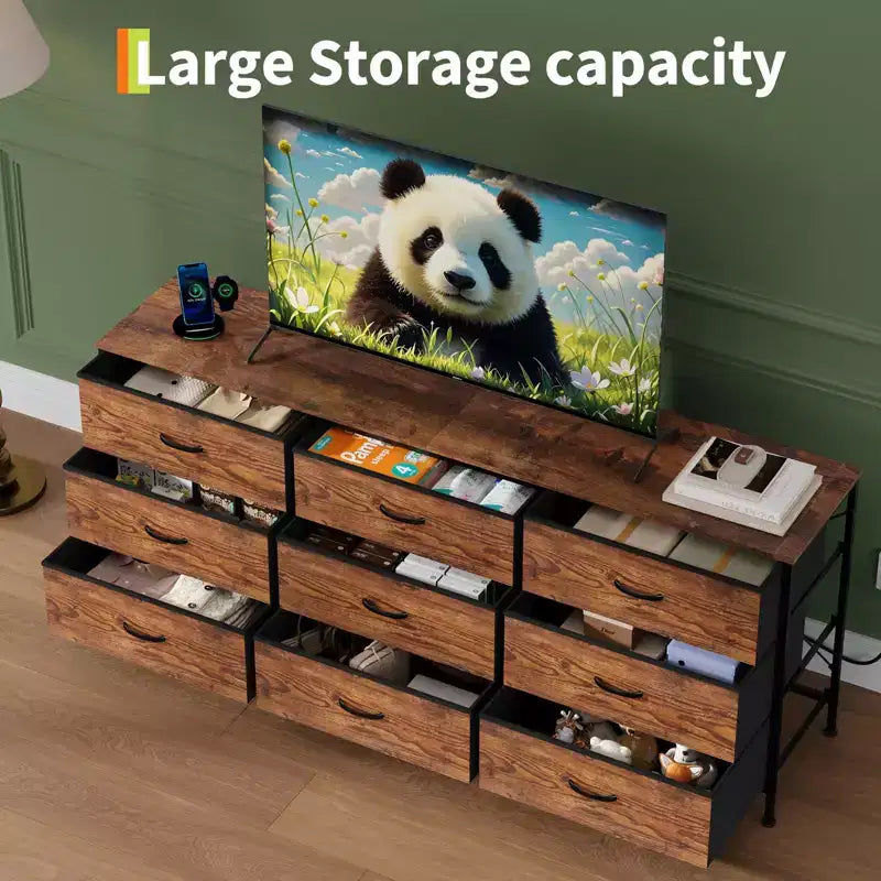 Meuble TV et commode à 9 tiroirs 63, Support TV pour téléviseurs de 55 à 70 pouces, Grand meuble de rangement avec cadre en métal et tiroirs en tissu