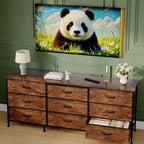 Meuble TV et commode à 9 tiroirs 63, Support TV pour téléviseurs de 55 à 70 pouces, Grand meuble de rangement avec cadre en métal et tiroirs en tissu