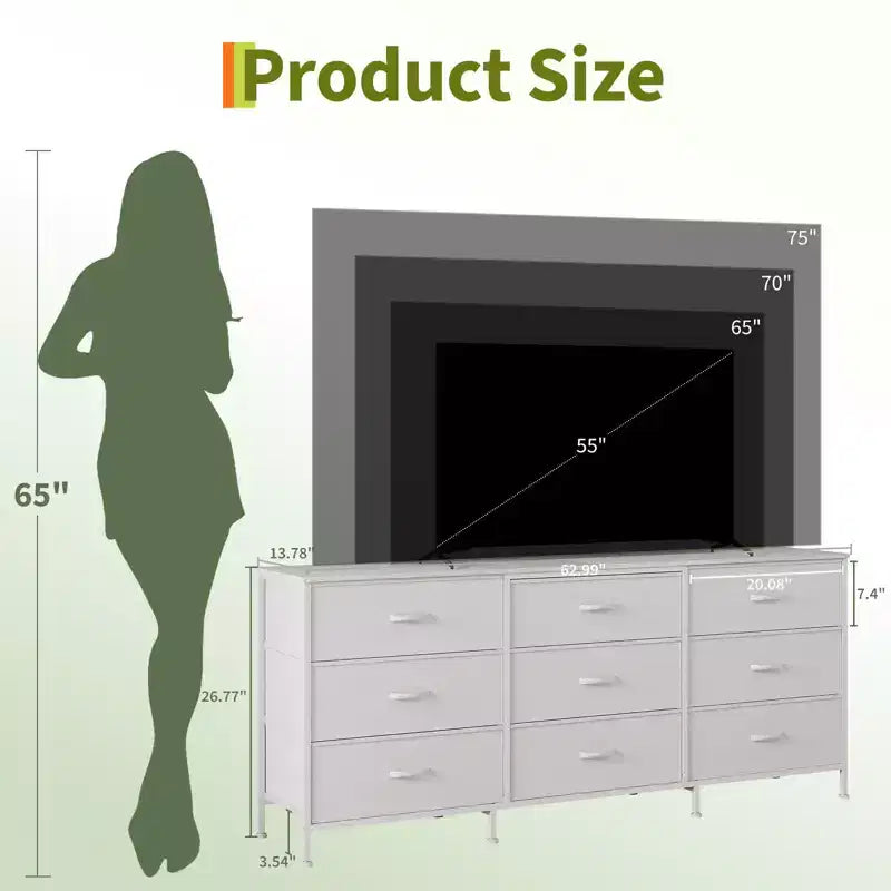 Meuble TV et commode à 9 tiroirs 63, Support TV pour téléviseurs de 55 à 70 pouces, Grand meuble de rangement avec cadre en métal et tiroirs en tissu