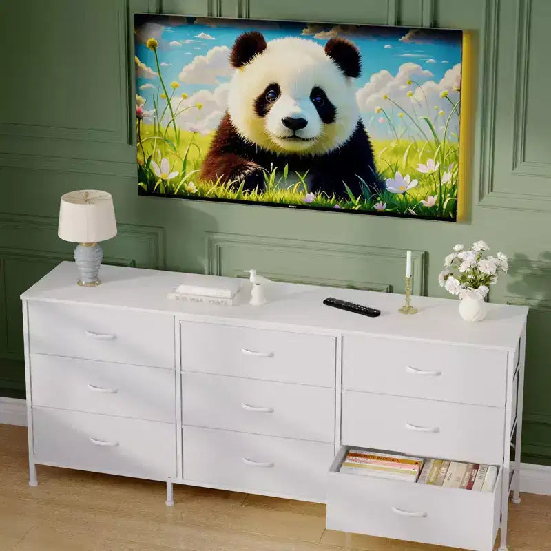 Meuble TV et commode à 9 tiroirs 63, Support TV pour téléviseurs de 55 à 70 pouces, Grand meuble de rangement avec cadre en métal et tiroirs en tissu