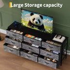 Meuble TV et commode à 9 tiroirs 63, Support TV pour téléviseurs de 55 à 70 pouces, Grand meuble de rangement avec cadre en métal et tiroirs en tissu