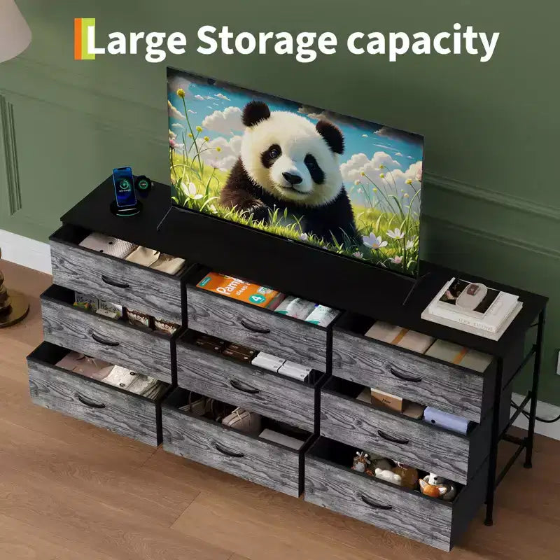 Meuble TV et commode à 9 tiroirs 63, Support TV pour téléviseurs de 55 à 70 pouces, Grand meuble de rangement avec cadre en métal et tiroirs en tissu