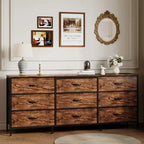 Meuble TV et commode à 9 tiroirs 63, Support TV pour téléviseurs de 55 à 70 pouces, Grand meuble de rangement avec cadre en métal et tiroirs en tissu