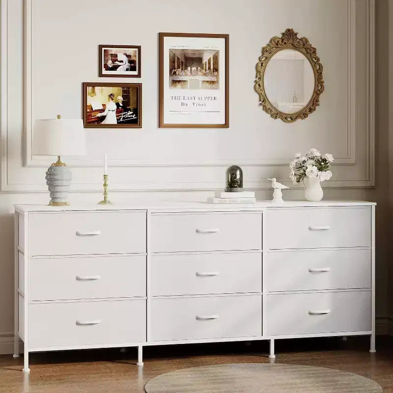 Meuble TV et commode à 9 tiroirs 63, Support TV pour téléviseurs de 55 à 70 pouces, Grand meuble de rangement avec cadre en métal et tiroirs en tissu