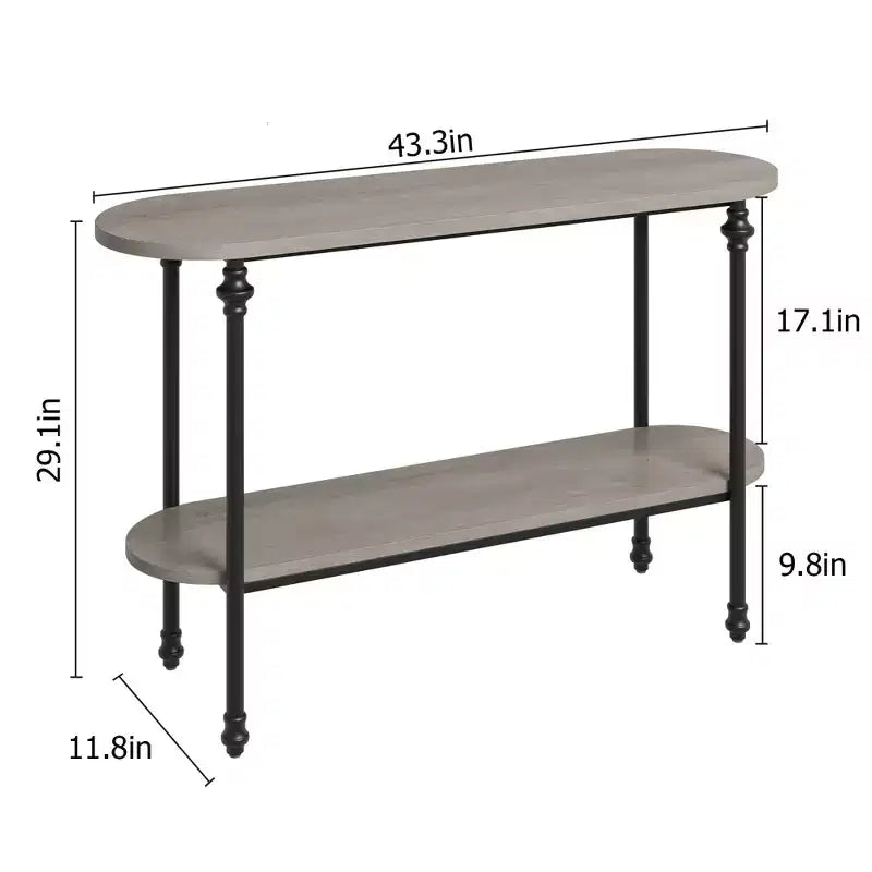 Console étroite de style industriel à 2 niveaux avec étagère de rangement, table d'appoint fine derrière un canapé, style ferme