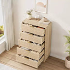 Commode 5 tiroirs en rotin, Armoire de rangement en bois tressé en rotin naturel, Commode en bois, Montage facile, pour couloirs et entrées