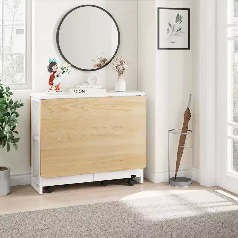 Table de salle à manger pliante sur roulettes avec 2 étagères de rangement et plateau à abattants, 6 roulettes verrouillables, veinure de bois clair
