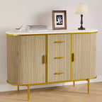 47'' Sideboard Buffet Cabinet with Sliding Doors, Wave Panel Storage Cabinet with Faux Marble Top for Dining Room - Oak