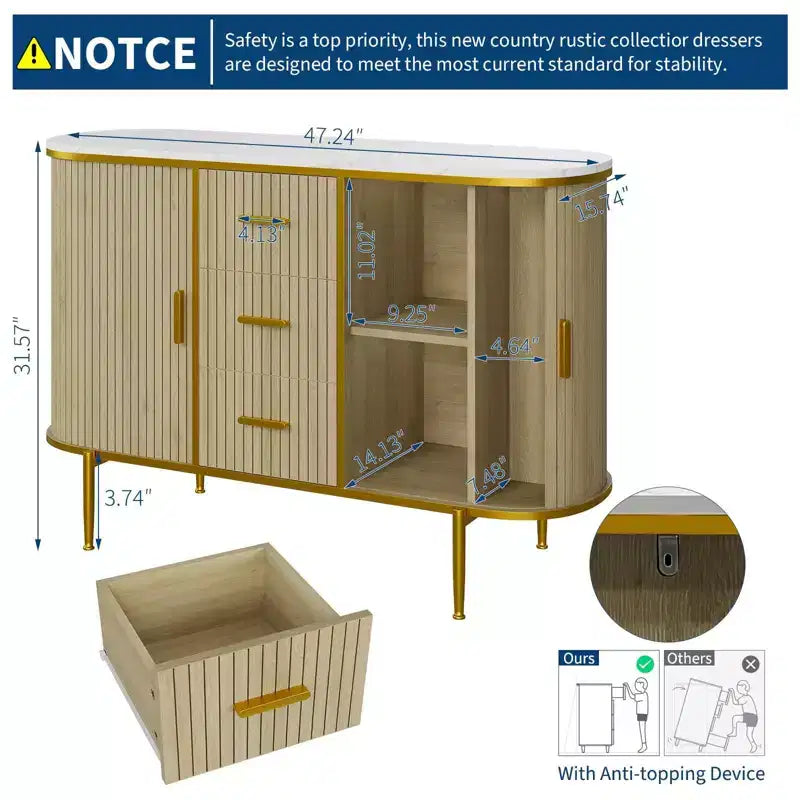 Buffet bahut de 120 cm avec portes coulissantes, meuble de rangement à panneaux ondulés avec plateau aspect marbre pour salle à manger - Chêne