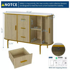 Buffet bahut de 120 cm avec portes coulissantes, meuble de rangement à panneaux ondulés avec plateau aspect marbre pour salle à manger - Chêne