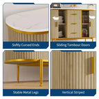 Buffet bahut de 120 cm avec portes coulissantes, meuble de rangement à panneaux ondulés avec plateau aspect marbre pour salle à manger - Chêne